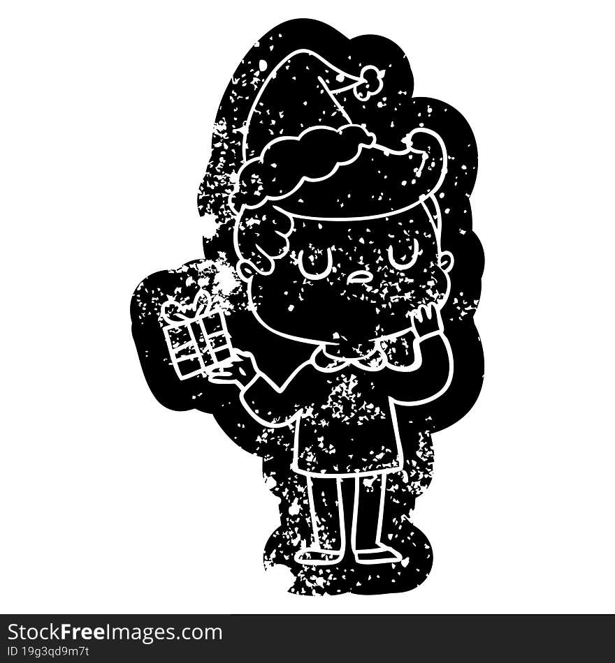 quirky cartoon distressed icon of a man wondering wearing santa hat