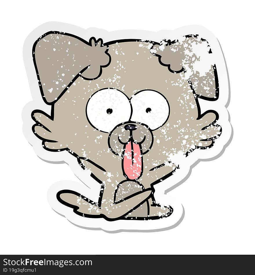 distressed sticker of a cartoon dog with tongue sticking out