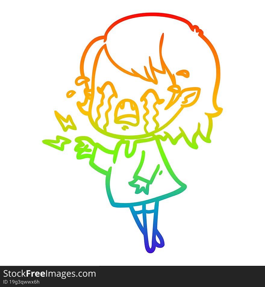 rainbow gradient line drawing cartoon crying vampire girl