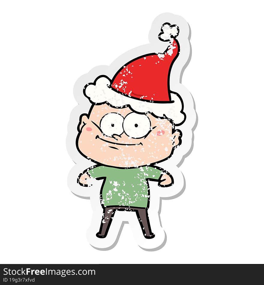 Distressed Sticker Cartoon Of A Bald Man Staring Wearing Santa Hat