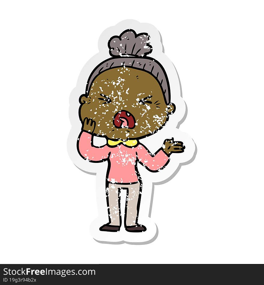 Distressed Sticker Of A Cartoon Angry Old Woman