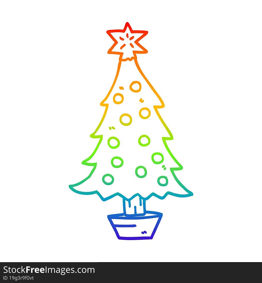 rainbow gradient line drawing of a cartoon christmas tree