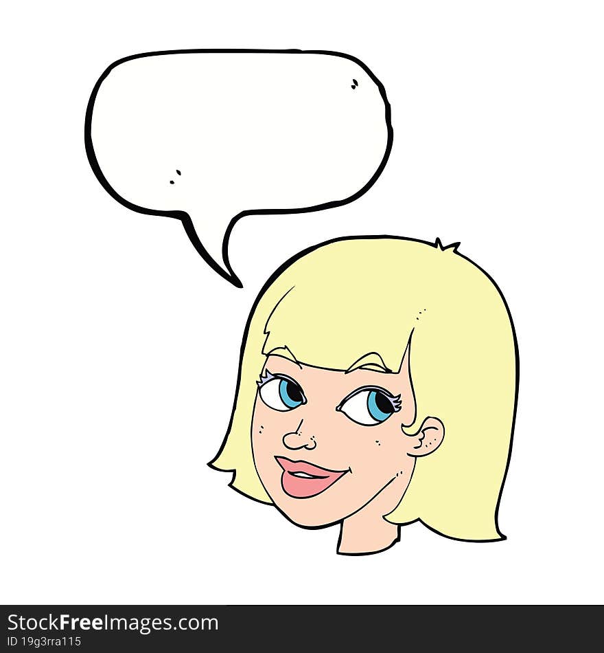 cartoon happy female face with speech bubble