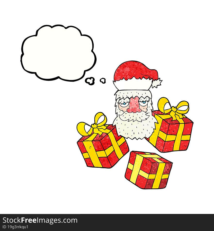 thought bubble textured cartoon tired santa claus face with presents