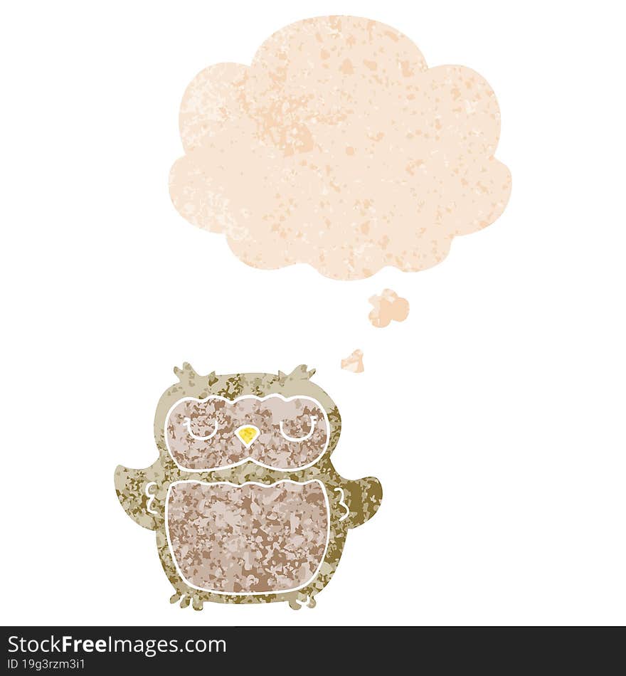 cartoon owl and thought bubble in retro textured style