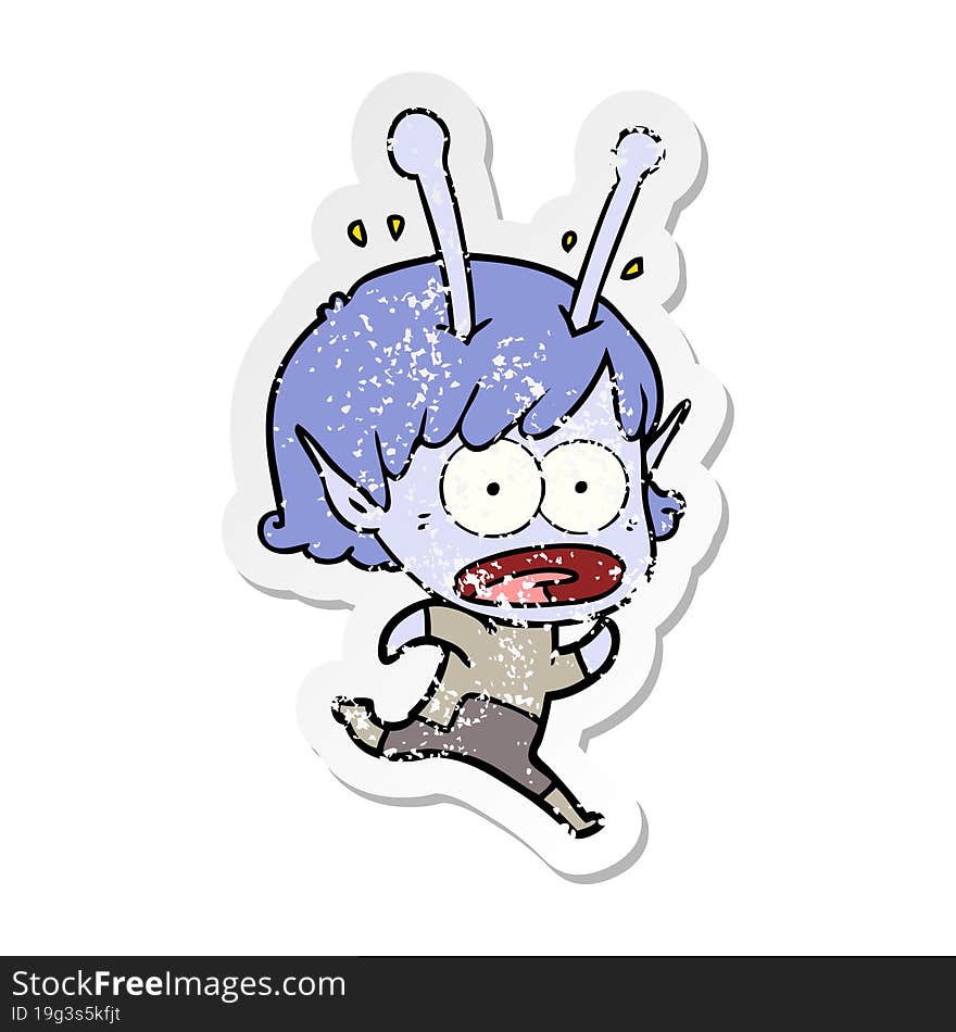 distressed sticker of a cartoon shocked alien girl