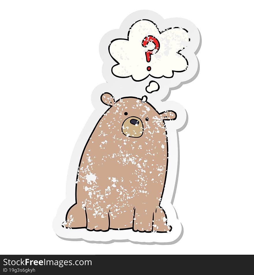 cartoon curious bear and thought bubble as a distressed worn sticker