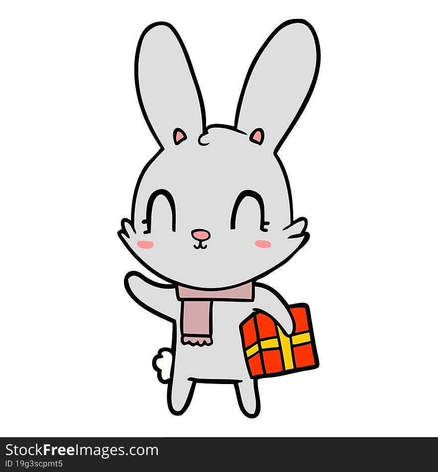 cute cartoon rabbit with christmas present. cute cartoon rabbit with christmas present