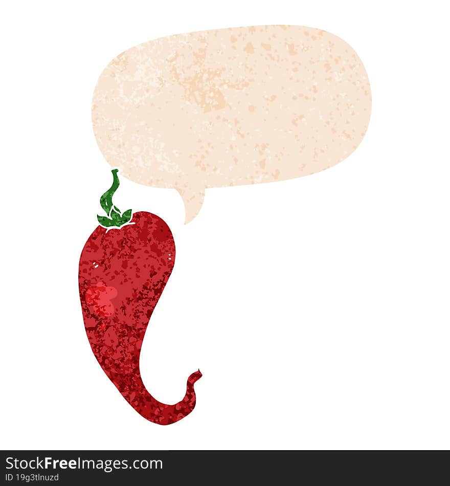 cartoon chili pepper and speech bubble in retro textured style