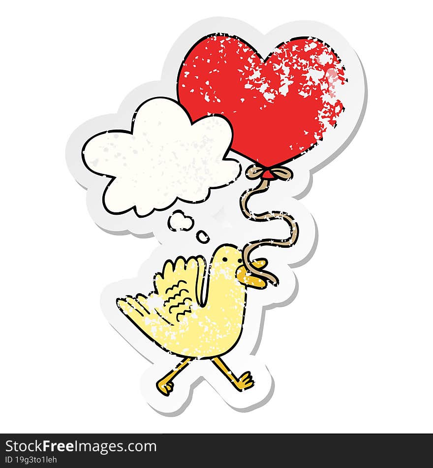 cartoon bird with heart balloon with thought bubble as a distressed worn sticker