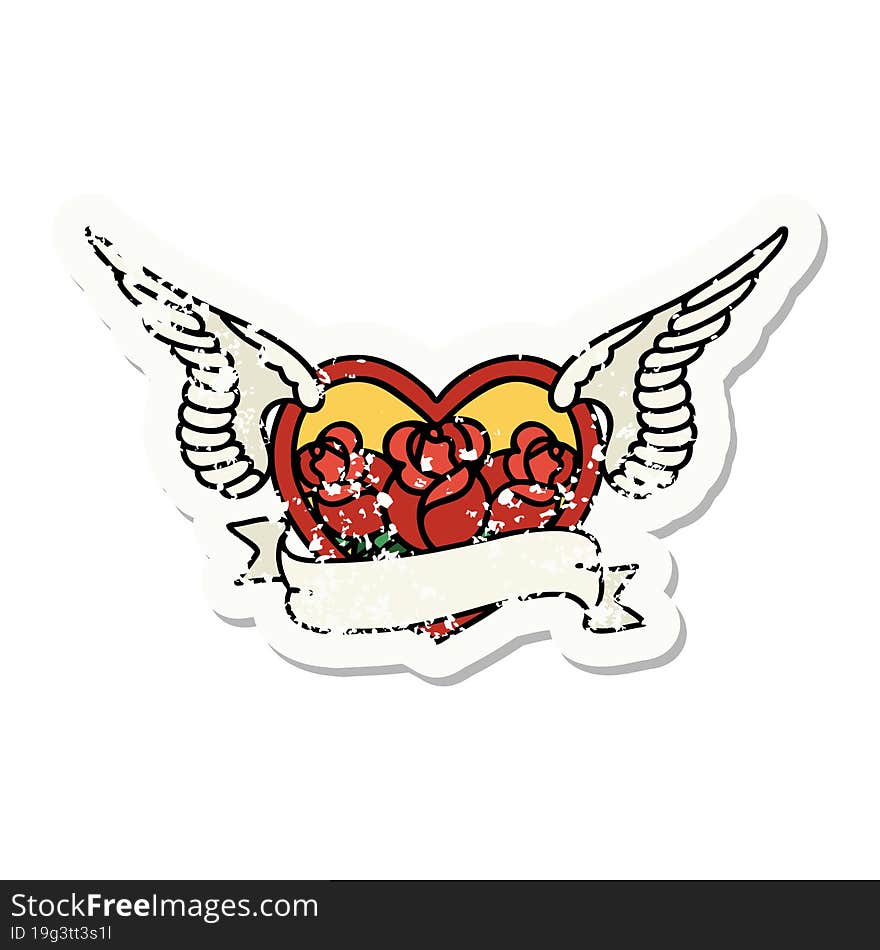 distressed sticker tattoo in traditional style of a flying heart with flowers and banner. distressed sticker tattoo in traditional style of a flying heart with flowers and banner