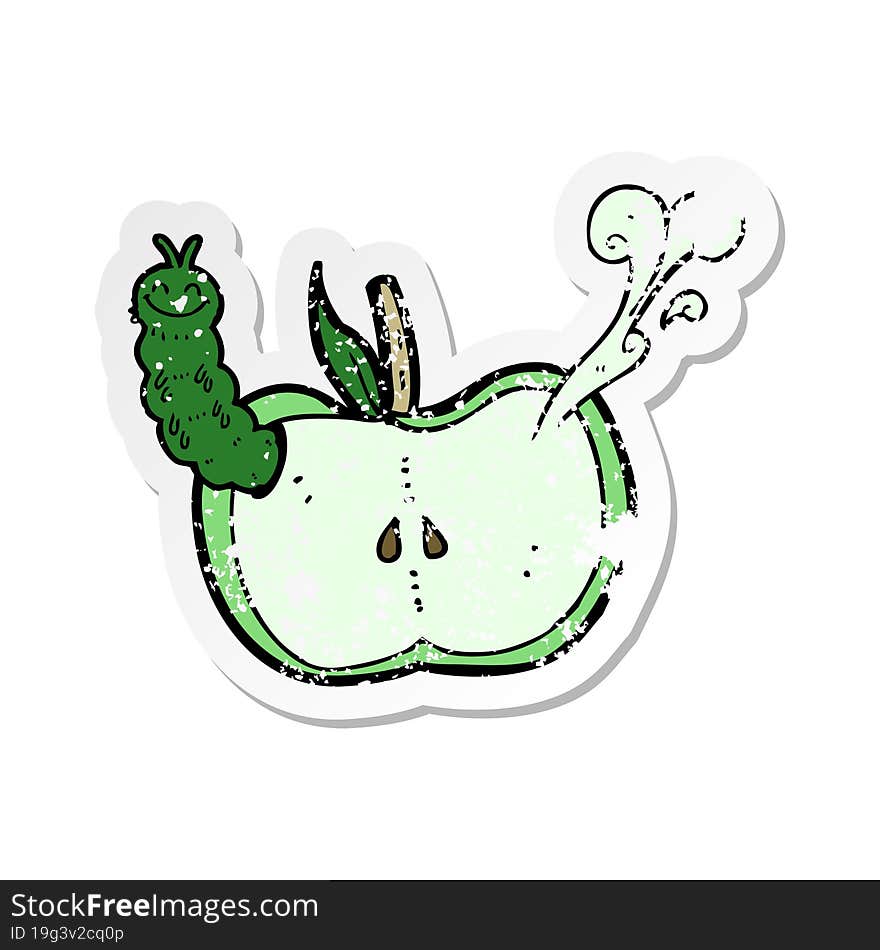 retro distressed sticker of a cartoon apple with bug