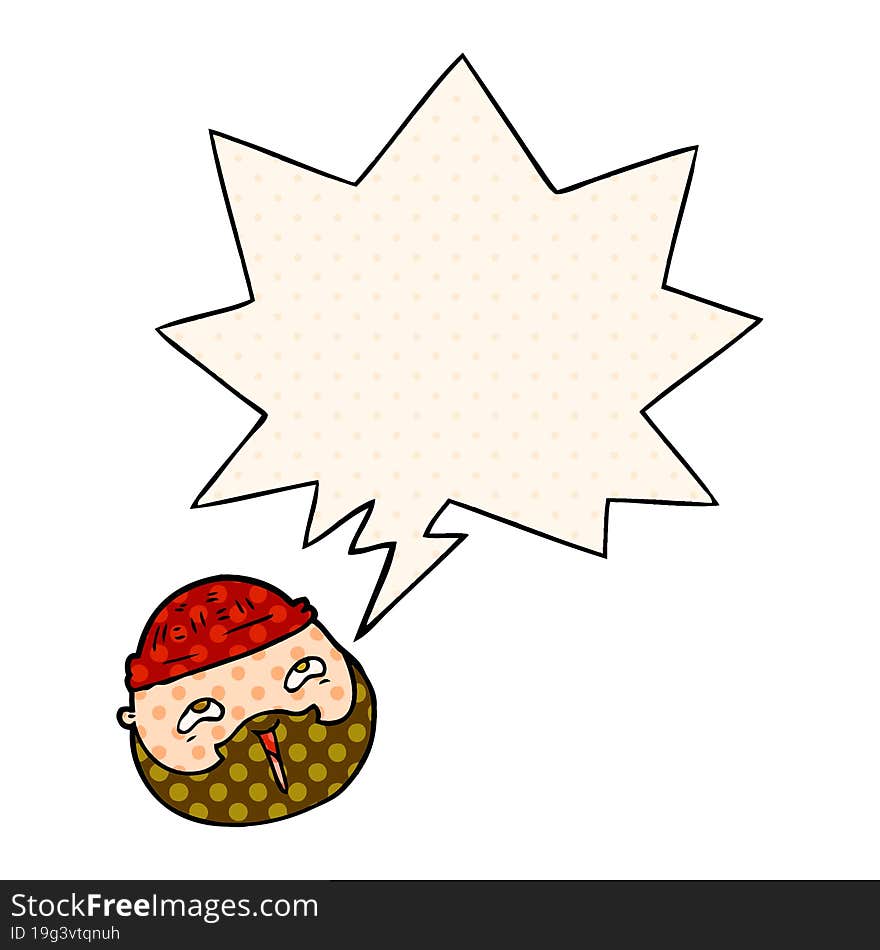 cartoon male face and beard and speech bubble in comic book style