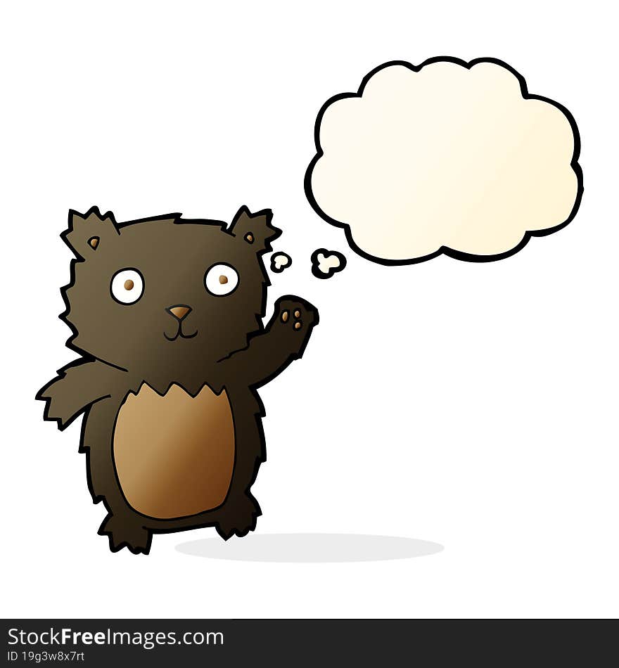 cartoon waving black bear cub with thought bubble