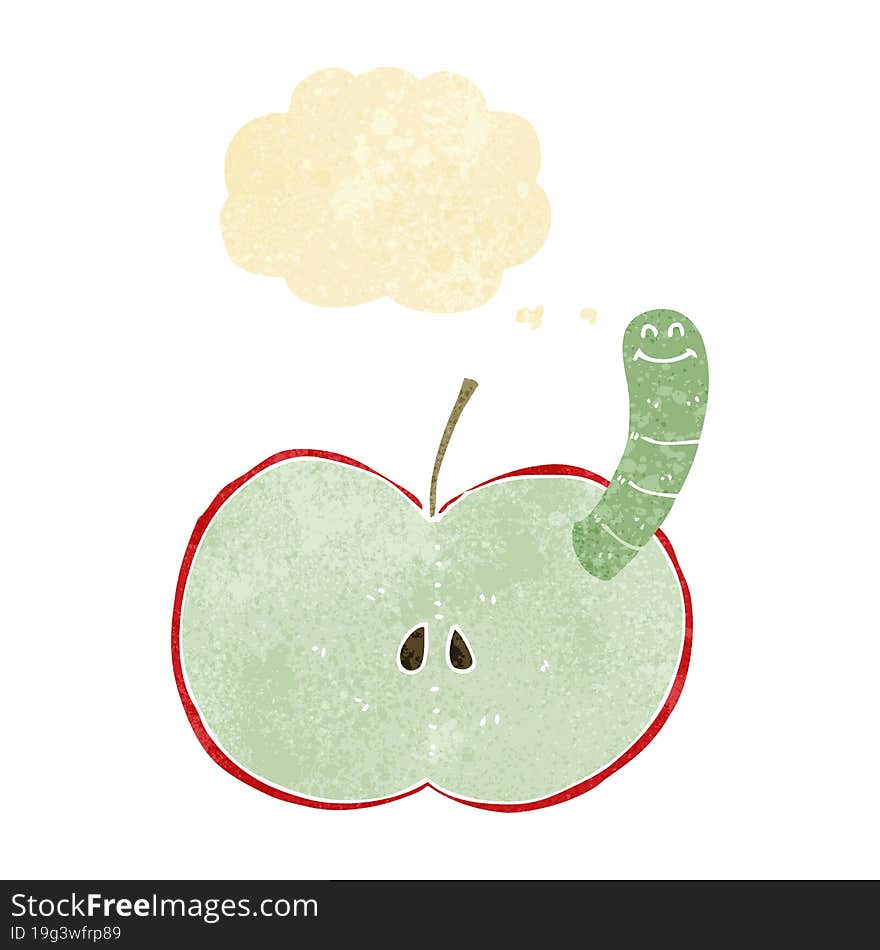 cartoon apple with worm with thought bubble