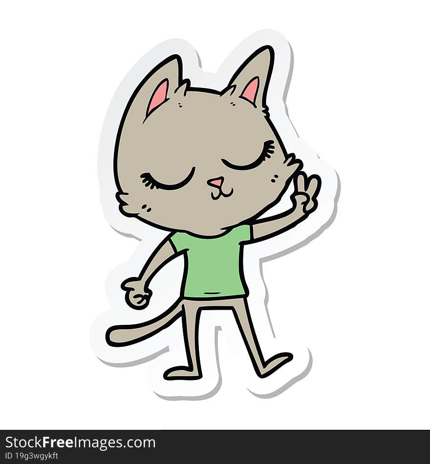 sticker of a calm cartoon cat giving peace sign