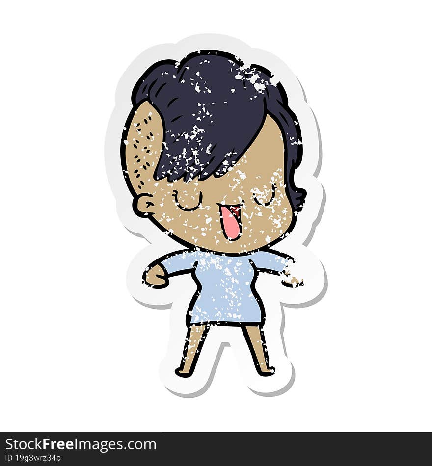 distressed sticker of a cute cartoon girl with hipster haircut