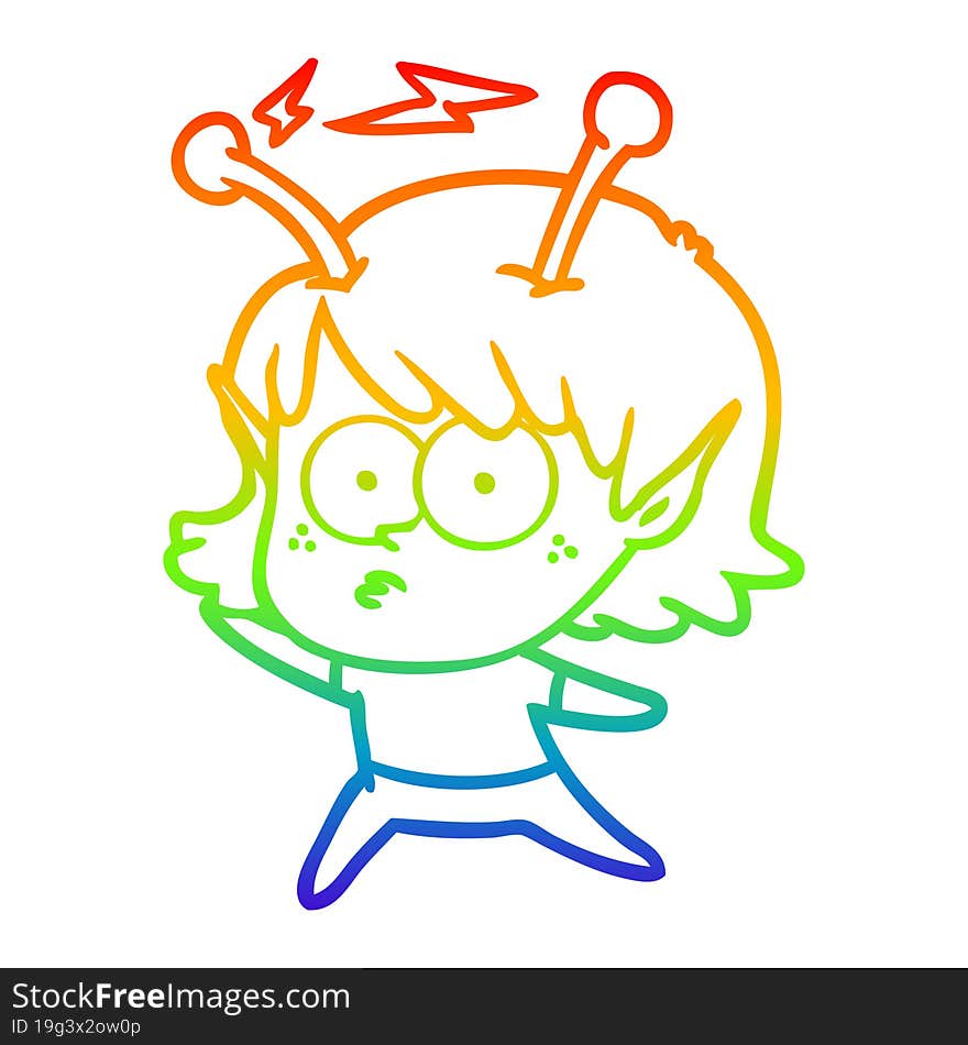 rainbow gradient line drawing of a cartoon alien girl