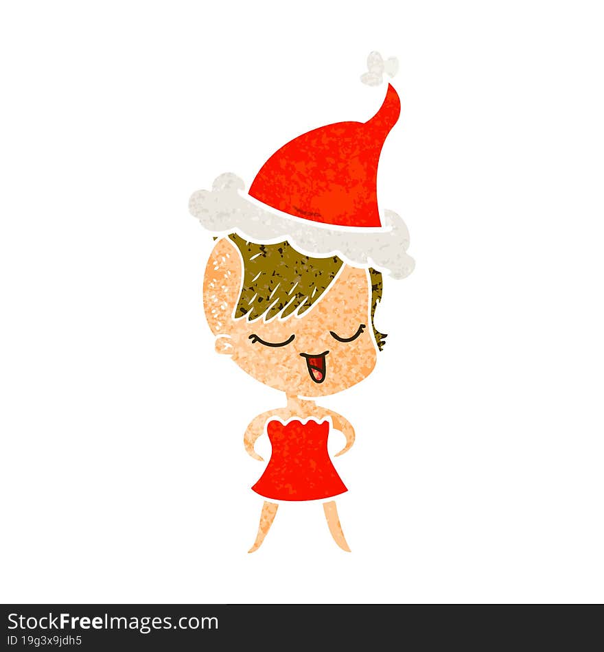 happy retro cartoon of a girl in cocktail dress wearing santa hat