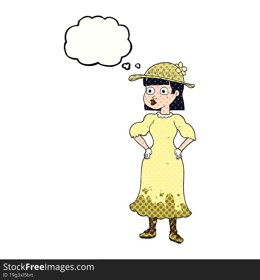 thought bubble cartoon woman in muddy dress