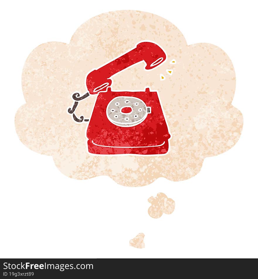 cartoon old telephone and thought bubble in retro textured style