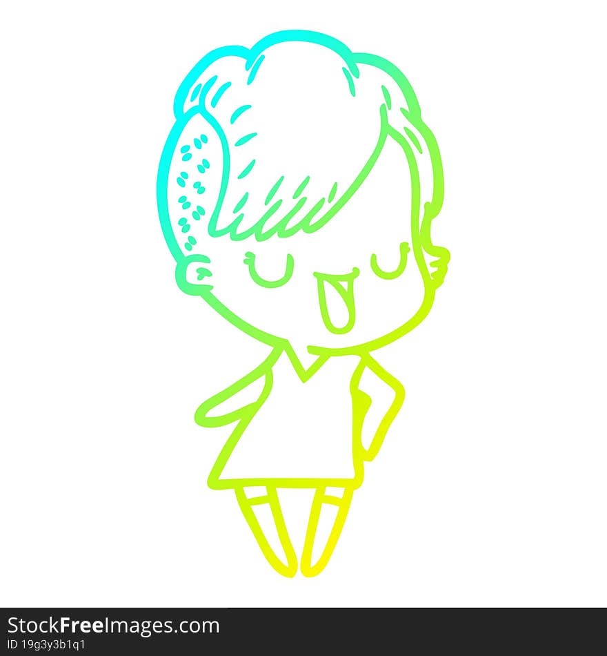 cold gradient line drawing cute cartoon girl with hipster haircut