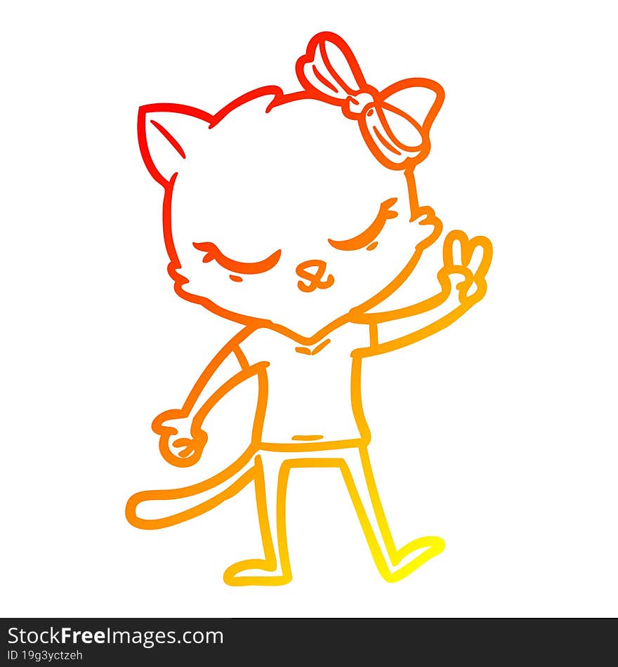 warm gradient line drawing cute cartoon cat with bow