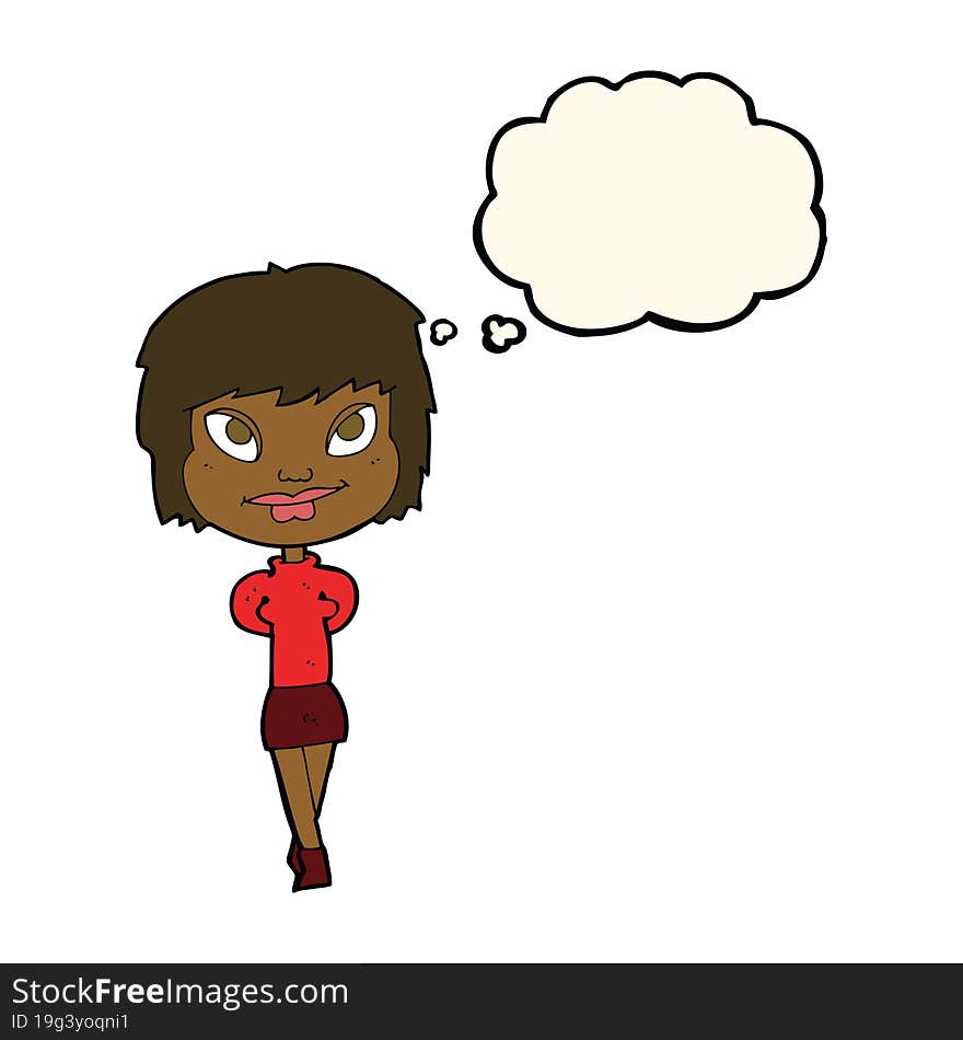 cartoon happy woman with thought bubble