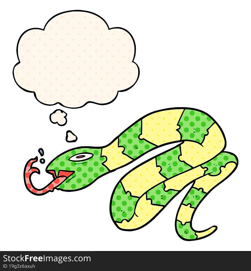 cartoon hissing snake and thought bubble in comic book style