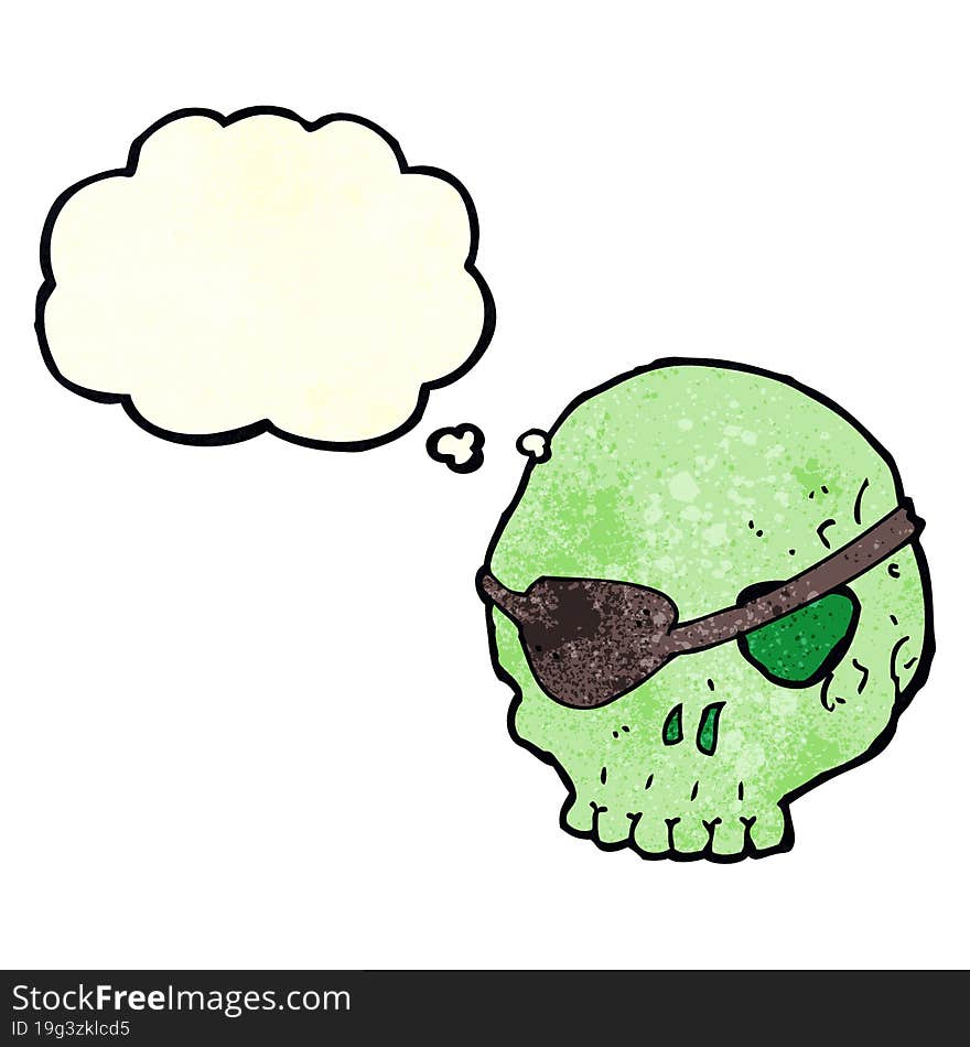 cartoon skull with eye patch with thought bubble