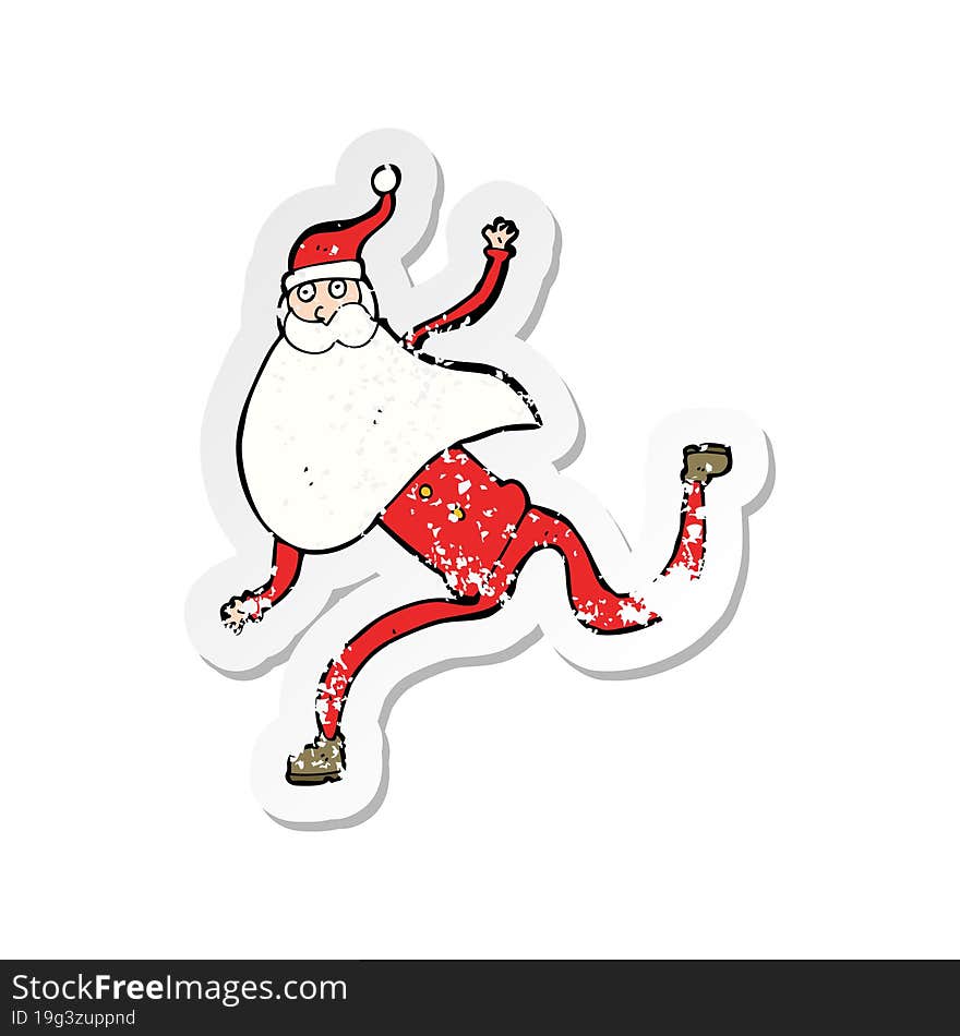 retro distressed sticker of a cartoon running santa