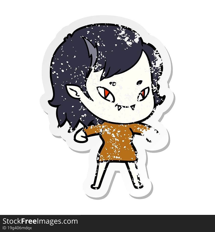 distressed sticker of a cartoon friendly vampire girl