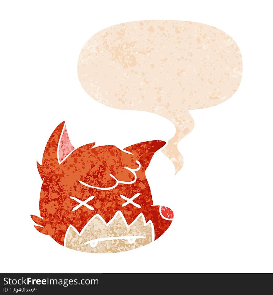 cartoon dead fox face and speech bubble in retro textured style