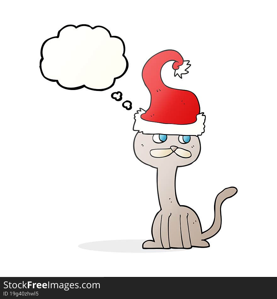 freehand drawn thought bubble cartoon cat wearing christmas hat