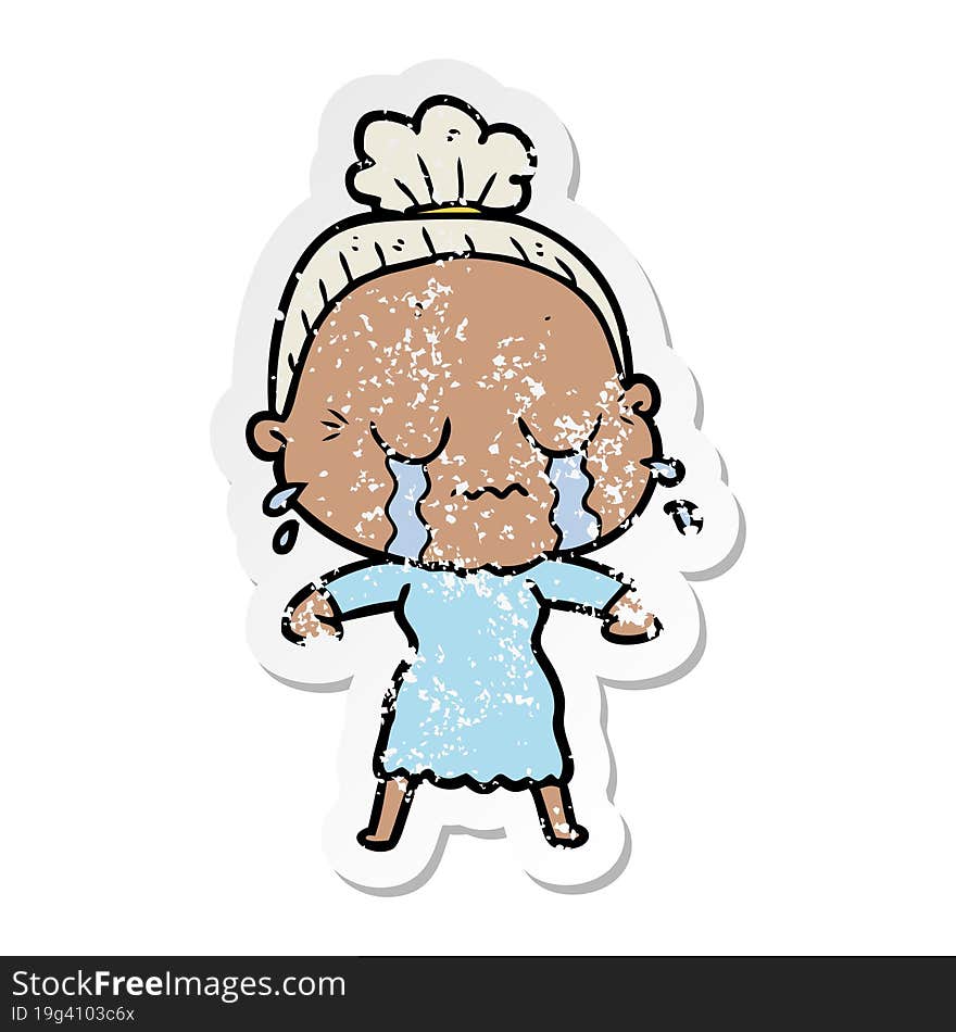 Distressed Sticker Of A Cartoon Crying Old Lady