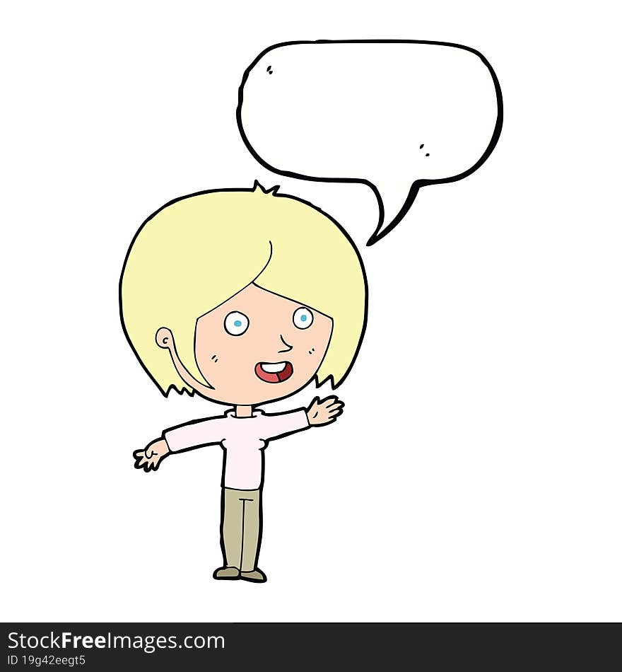 cartoon happy girl waving with speech bubble