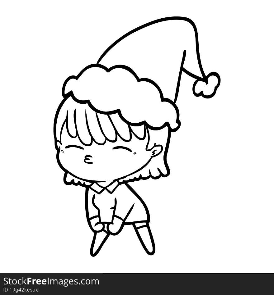 hand drawn line drawing of a woman wearing santa hat