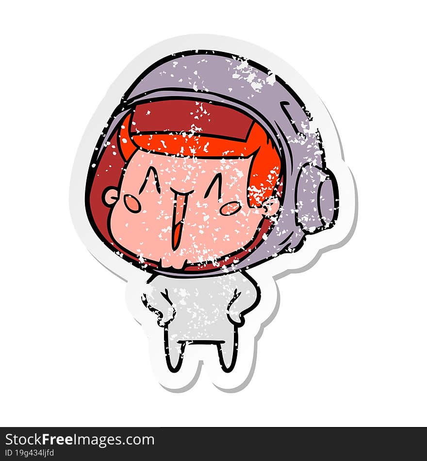 distressed sticker of a happy cartoon astronaut