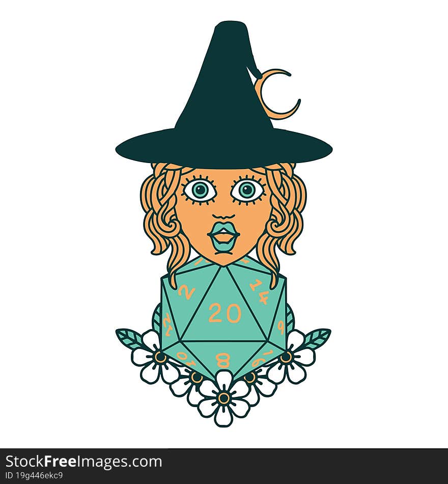 Retro Tattoo Style human witch with natural twenty dice roll. Retro Tattoo Style human witch with natural twenty dice roll