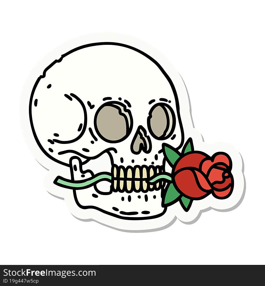 sticker of tattoo in traditional style of a skull and rose. sticker of tattoo in traditional style of a skull and rose