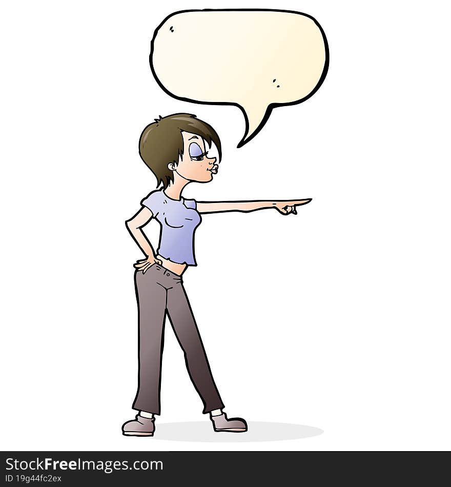 cartoon hip woman pointing with speech bubble