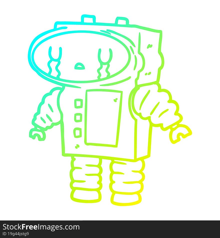 cold gradient line drawing cartoon robot crying