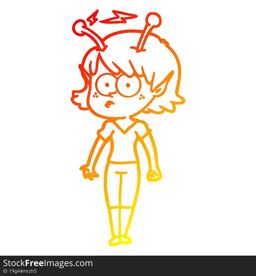 warm gradient line drawing of a cartoon alien girl