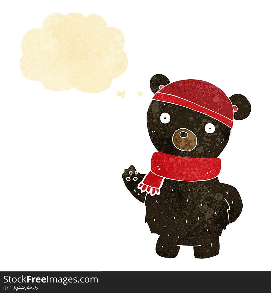 cartoon black bear in winter hat and scarf with thought bubble