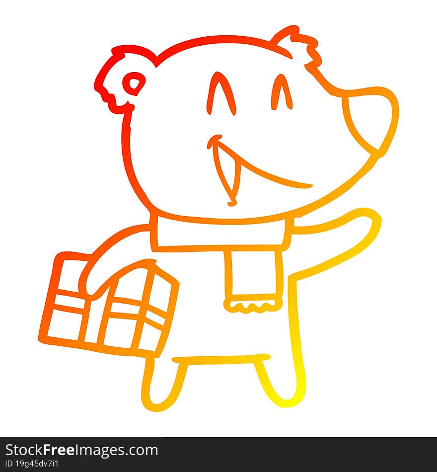 warm gradient line drawing of a laughing christmas bear cartoon