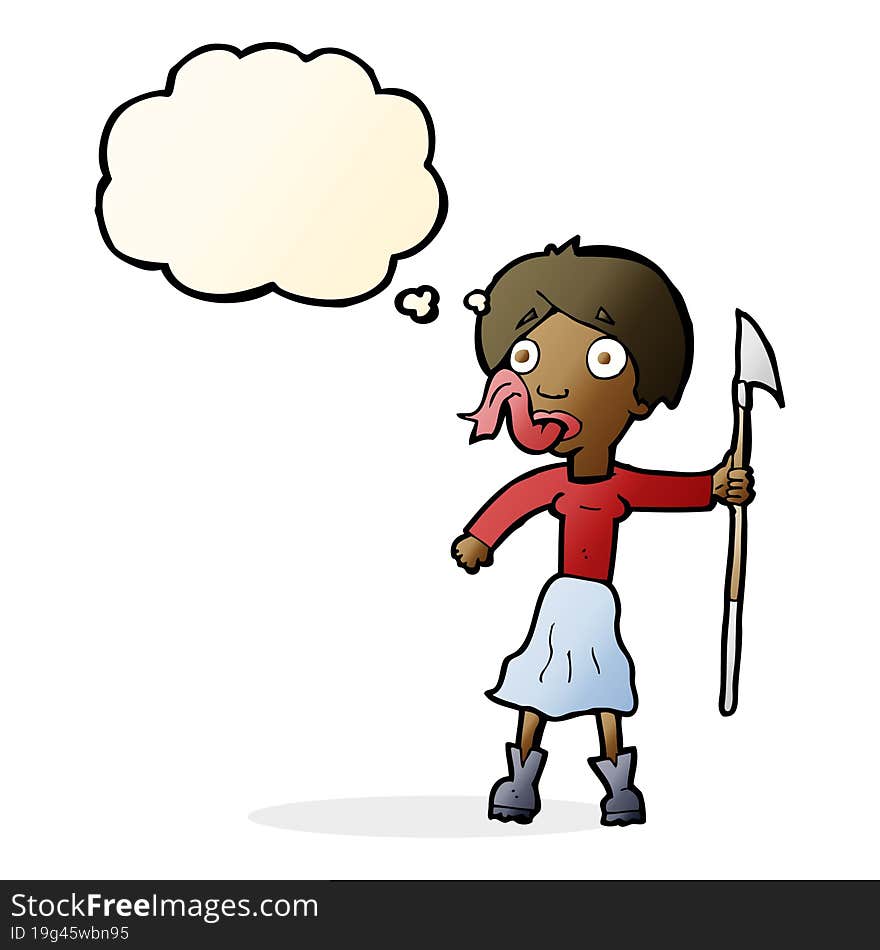 cartoon woman with spear sticking out tongue with thought bubble