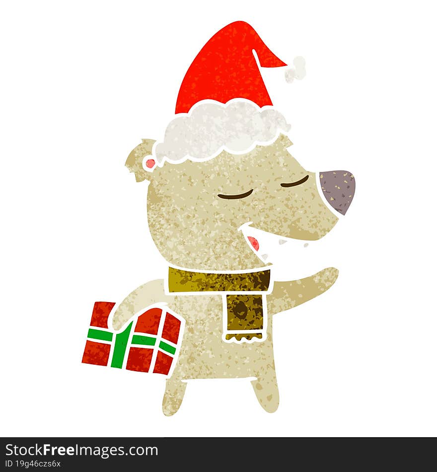 retro cartoon of a bear with present wearing santa hat