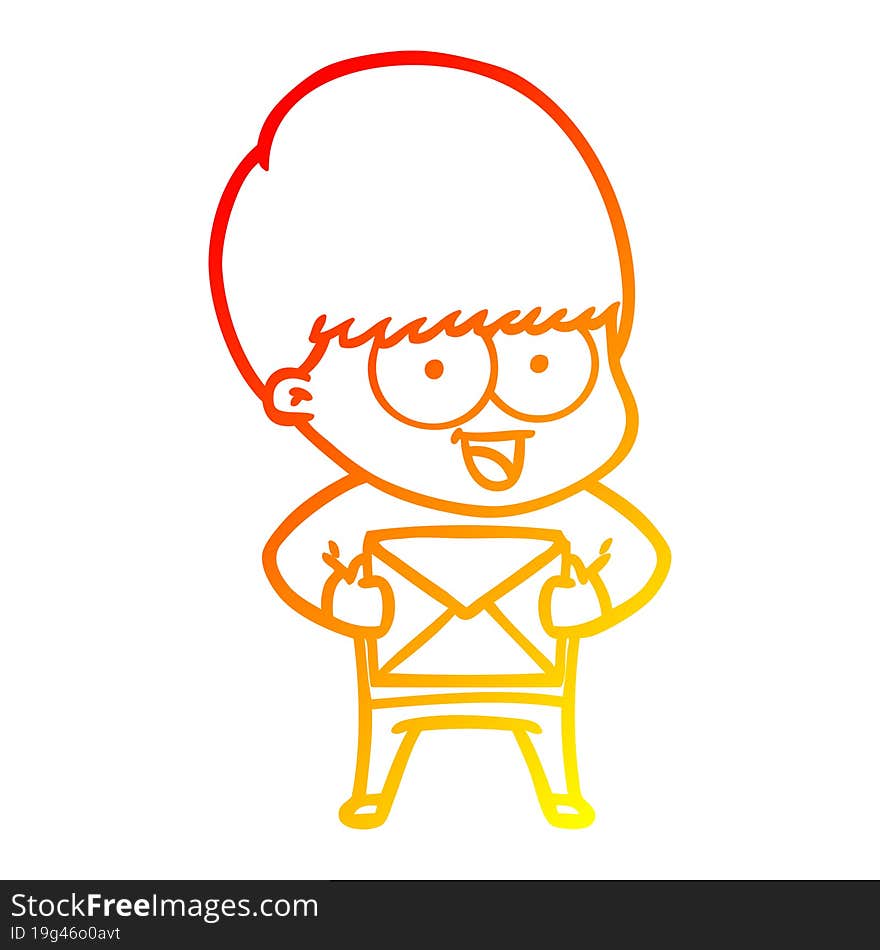 warm gradient line drawing happy cartoon boy with present