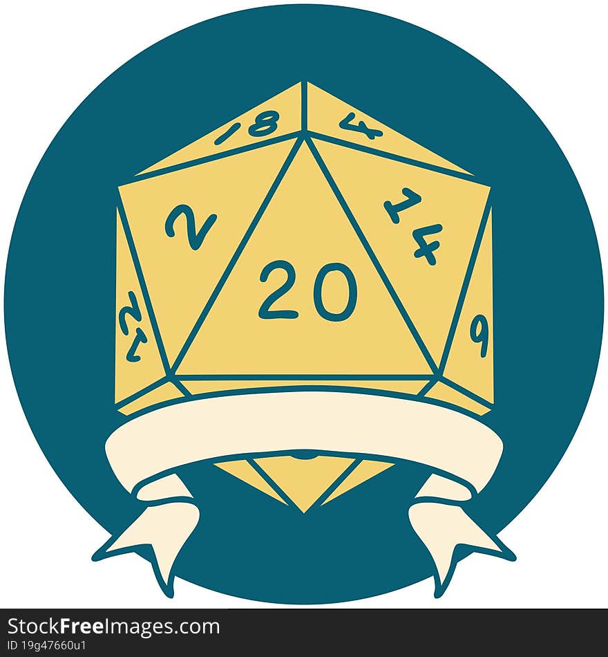 Retro Tattoo Style natural 20 critical hit D20 dice roll. Retro Tattoo Style natural 20 critical hit D20 dice roll