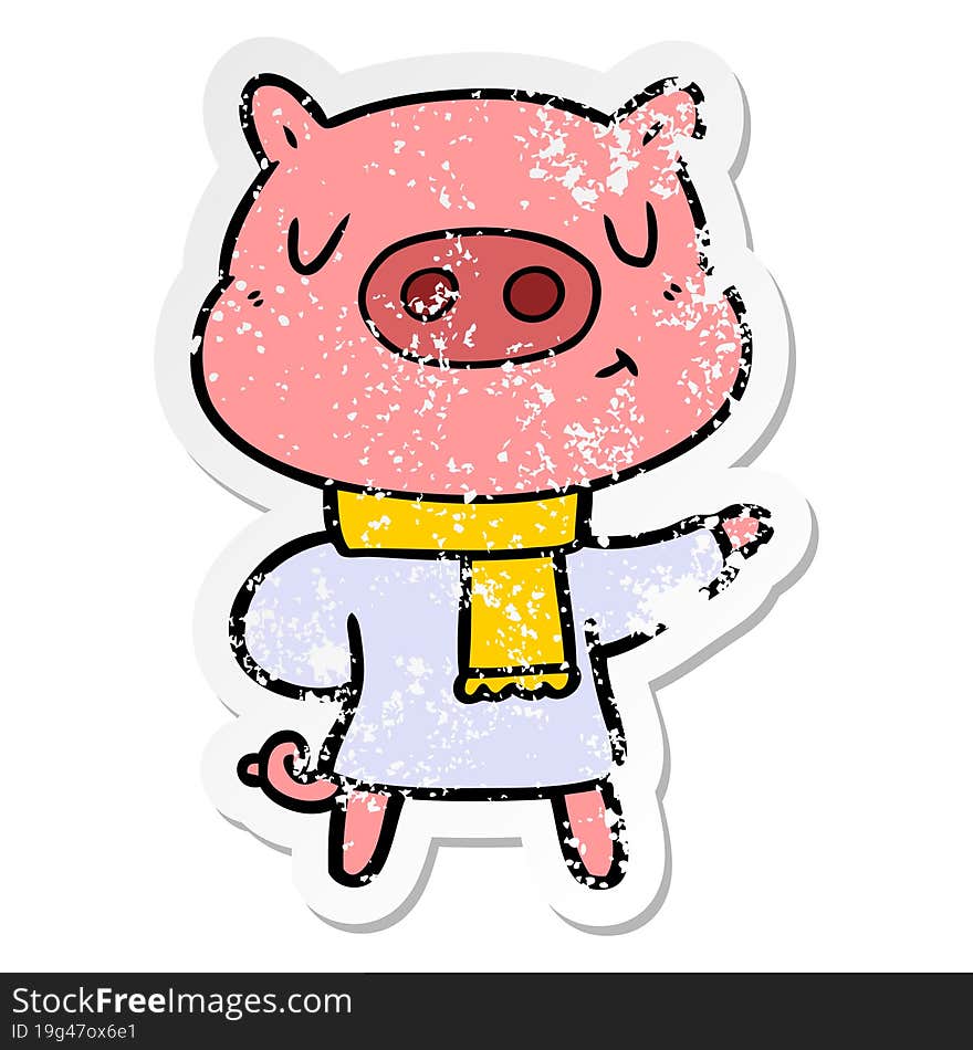 distressed sticker of a cartoon content pig in winter attire